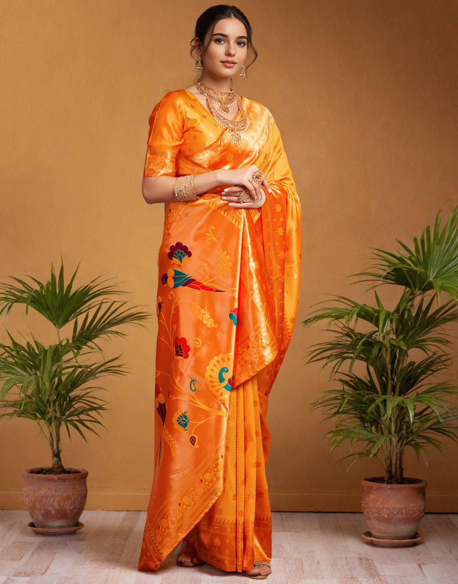 Orange Color Silk Weaving Work Paithani Saree