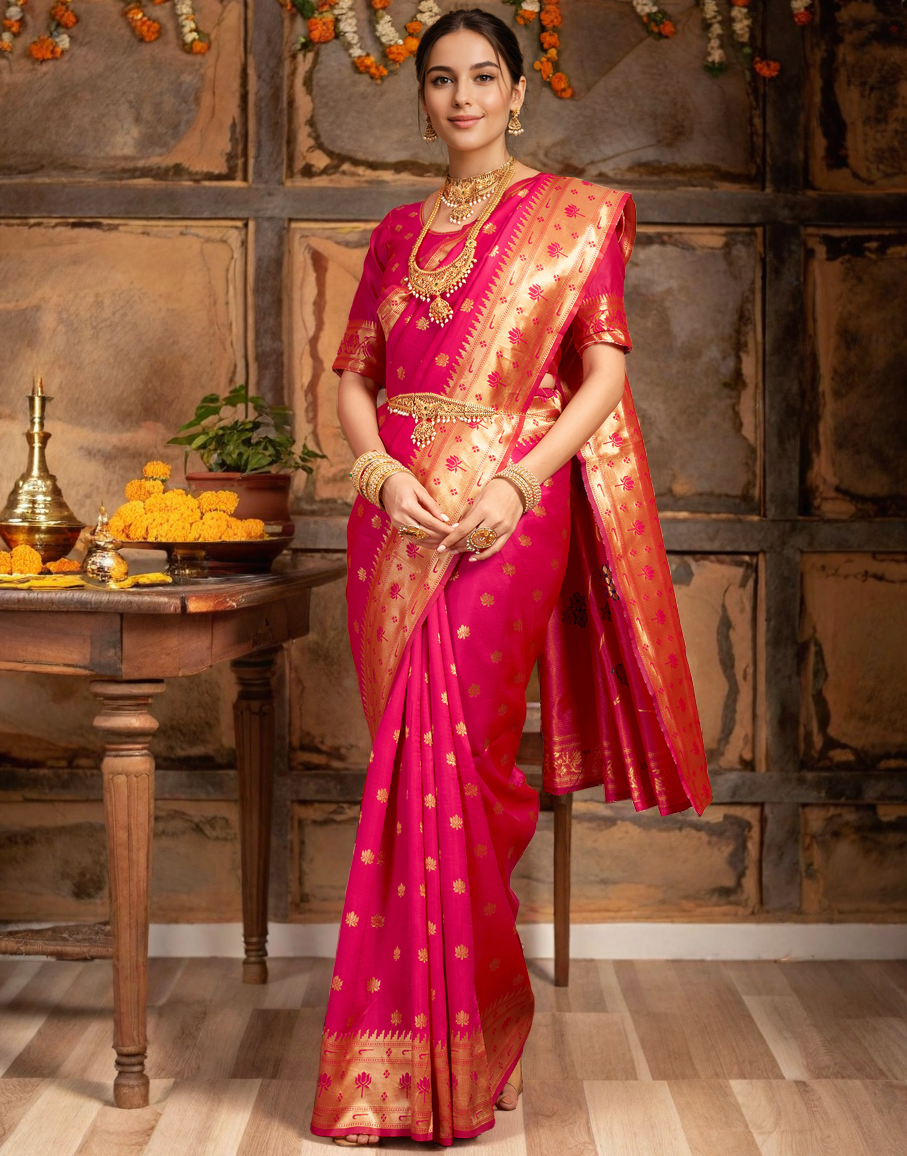 Pink Color Silk Weaving Work Paithani Saree