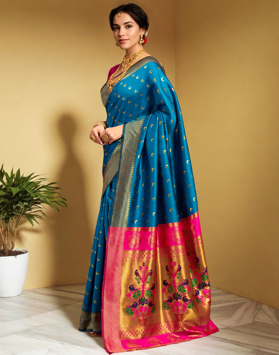 New Aqua Color Silk Weaving Work Paithani Saree