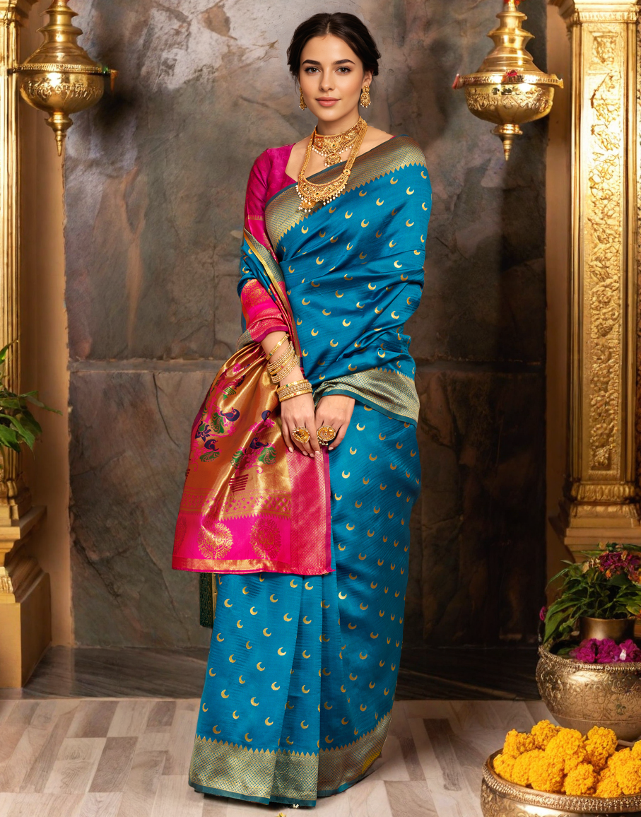 New Aqua Color Silk Weaving Work Paithani Saree