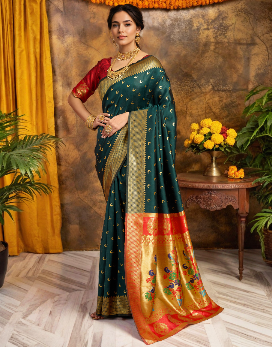 New Dark Green Color Silk Weaving Work Paithani Saree