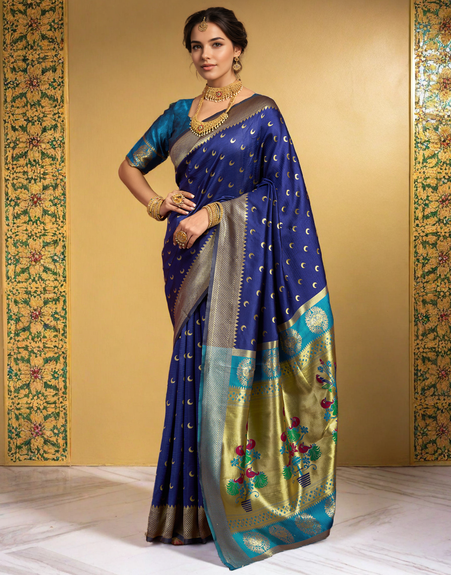 New Navy Blue Color Silk Weaving Work Paithani Saree