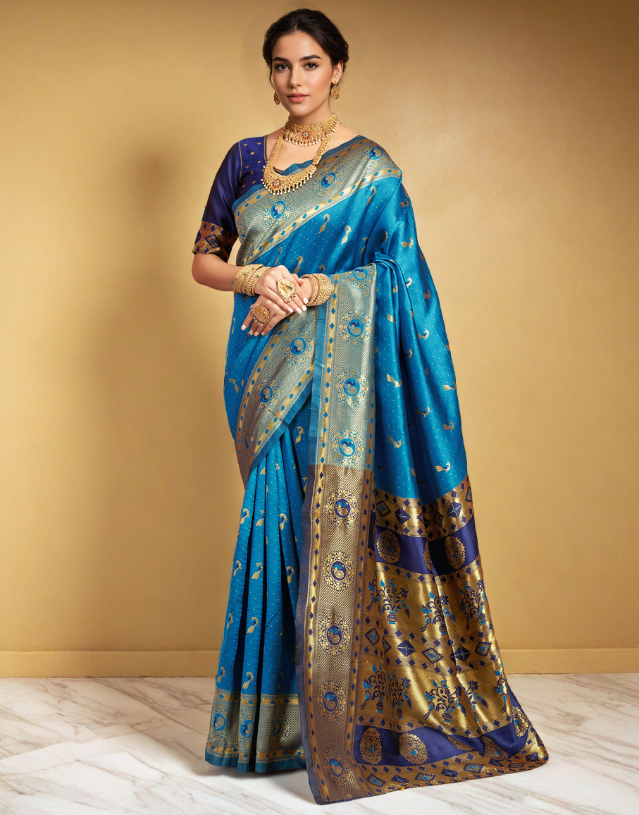 Beatiful Aqua Color Silk Weaving Work Paithani Saree
