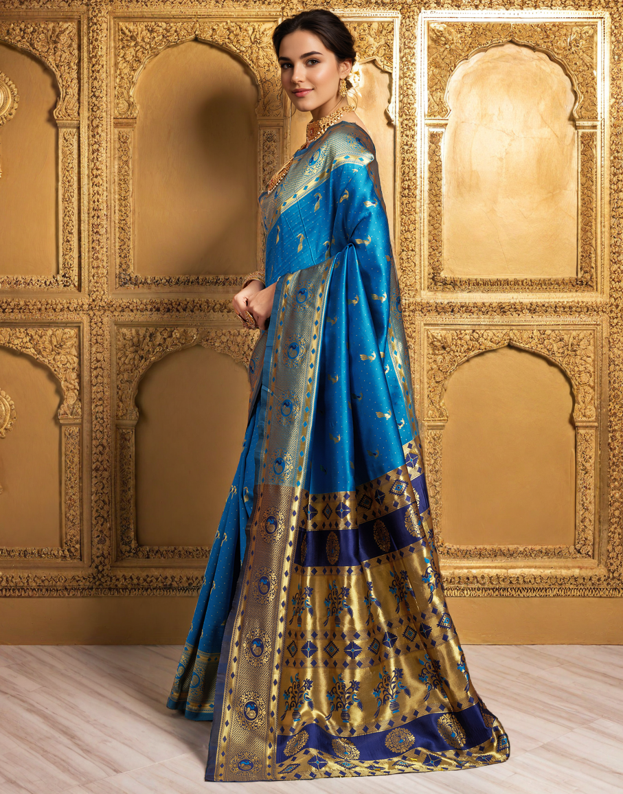 Beatiful Aqua Color Silk Weaving Work Paithani Saree