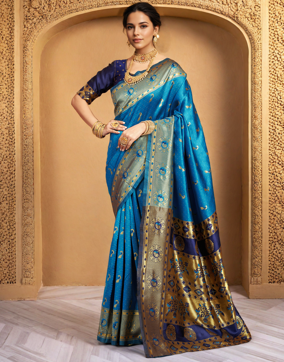Beatiful Aqua Color Silk Weaving Work Paithani Saree