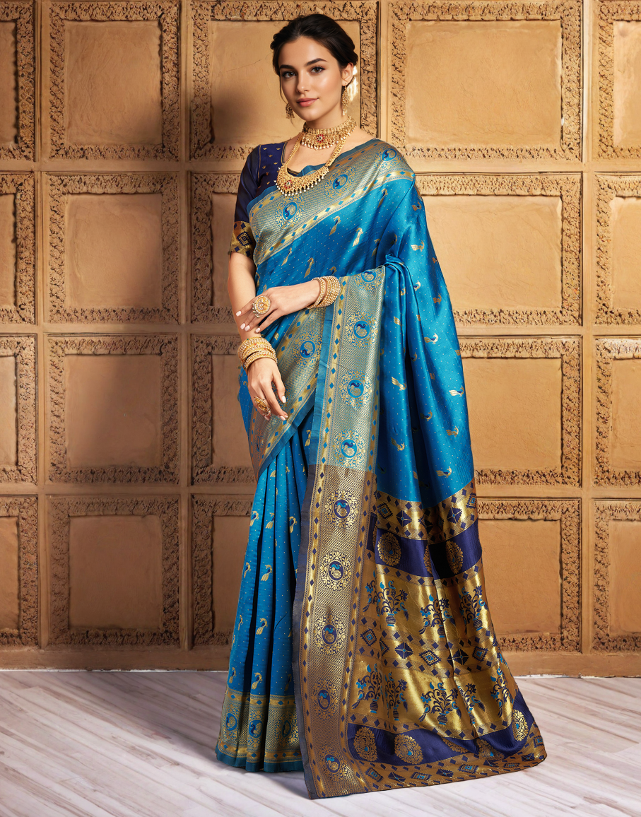 Beatiful Aqua Color Silk Weaving Work Paithani Saree