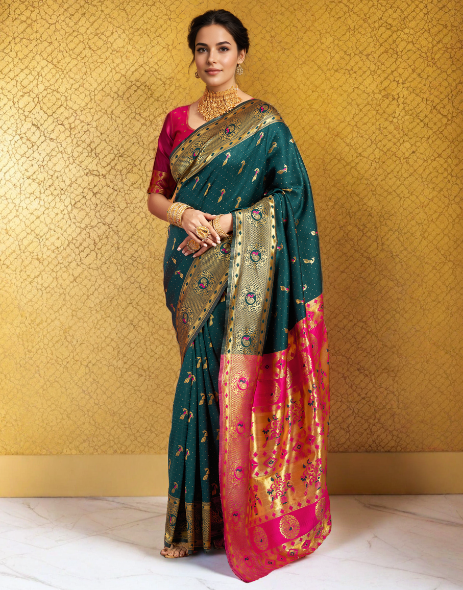 Beatiful Dark Green Color Silk Weaving Work Paithani Saree