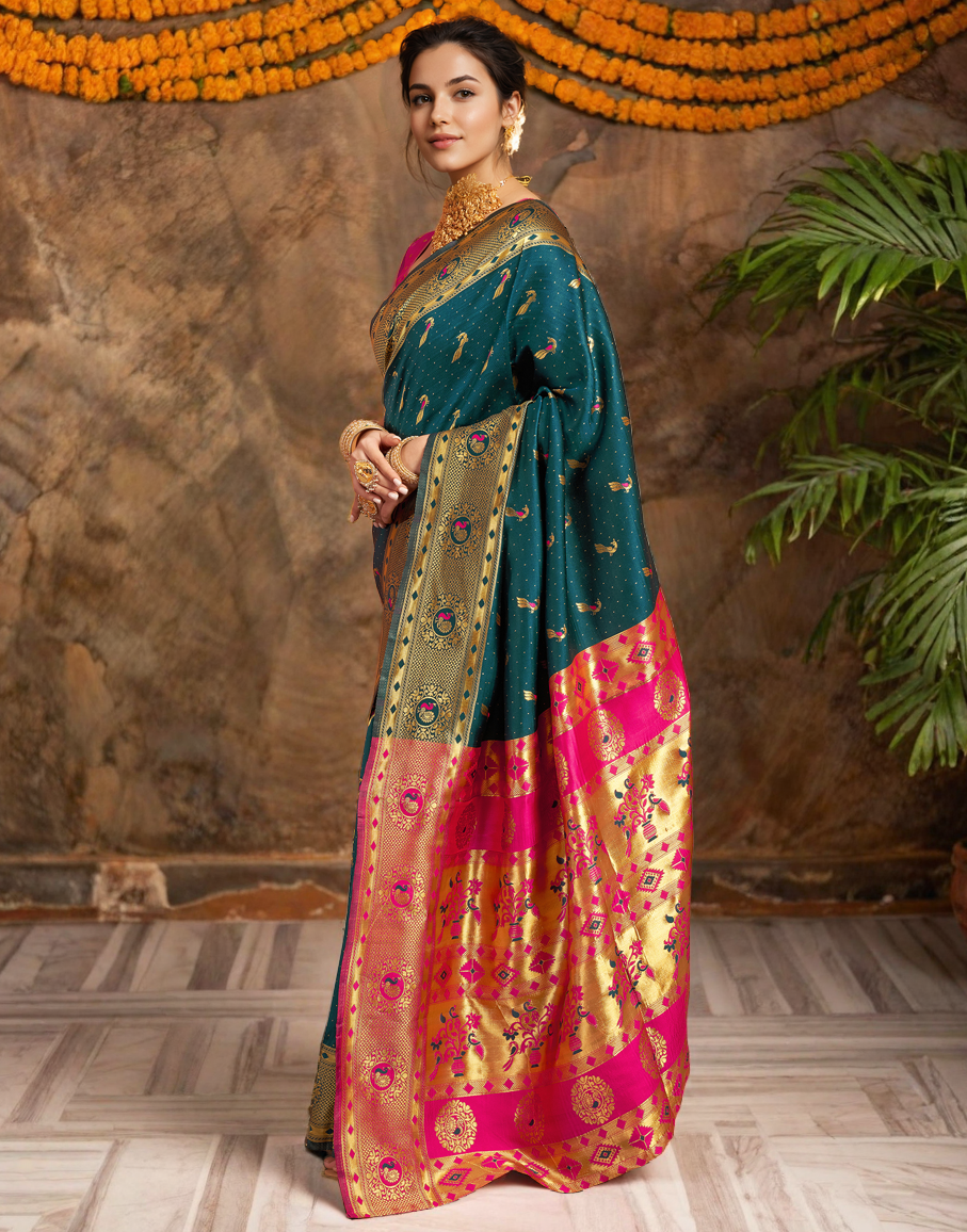 Beatiful Dark Green Color Silk Weaving Work Paithani Saree