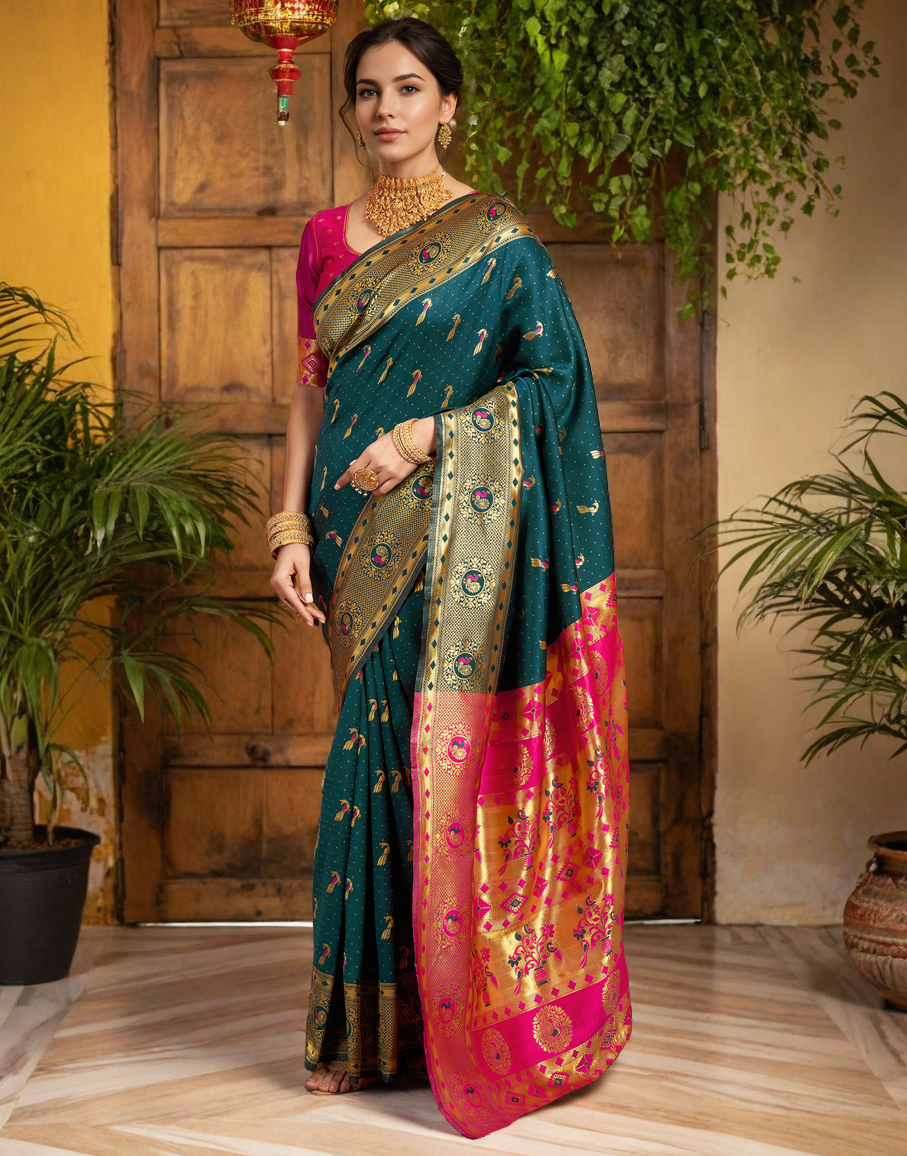Beatiful Dark Green Color Silk Weaving Work Paithani Saree