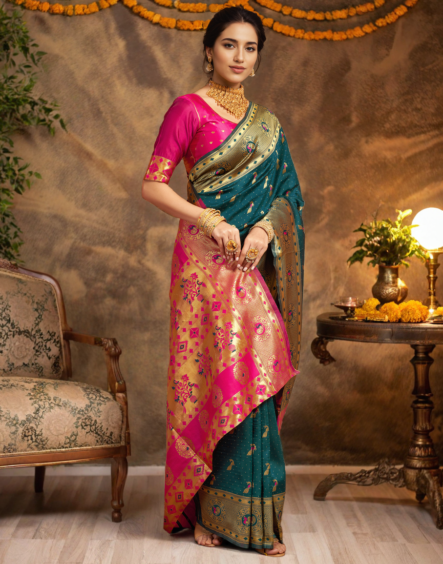Beatiful Dark Green Color Silk Weaving Work Paithani Saree