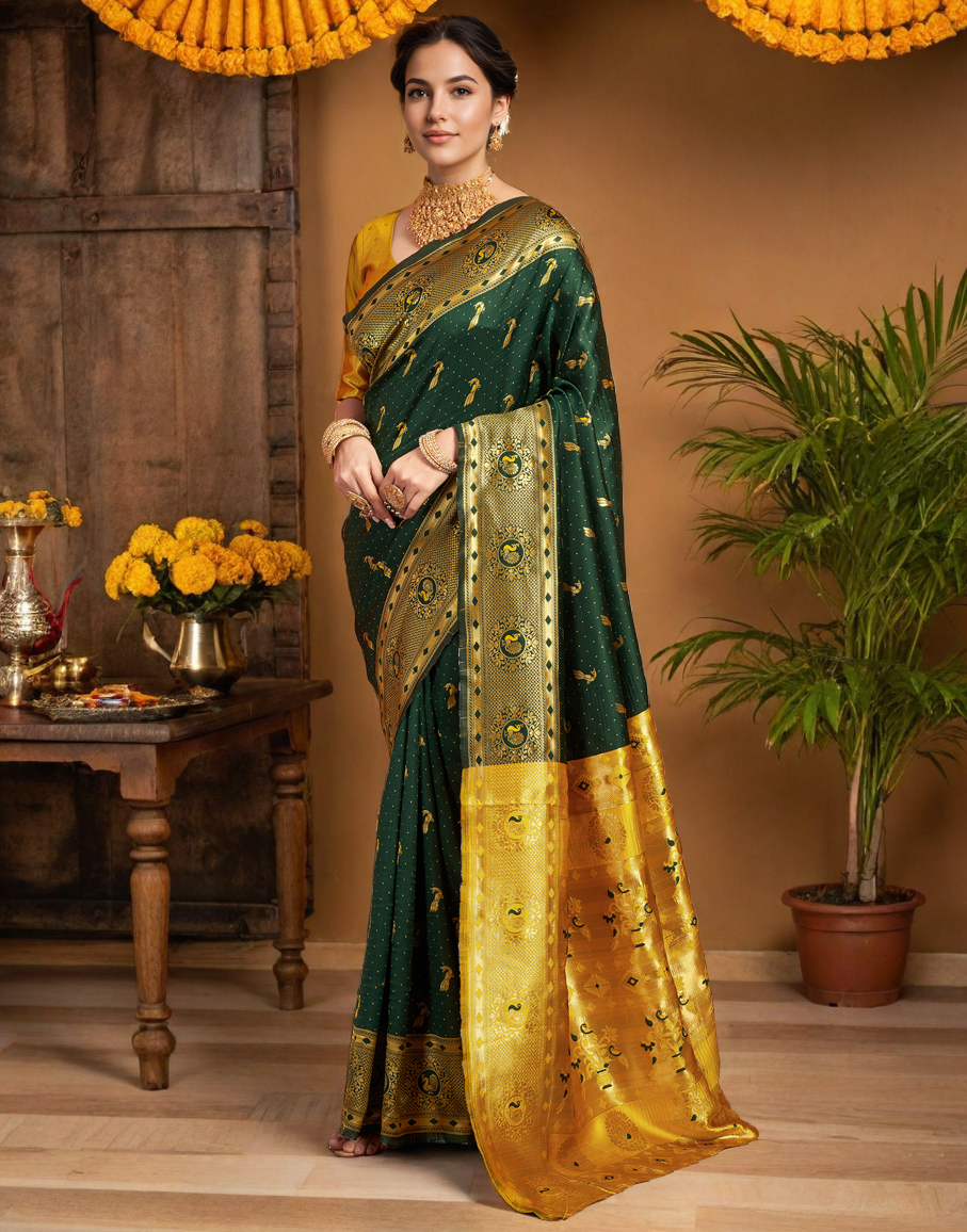 Beatiful Green Color Silk Weaving Work Paithani Saree
