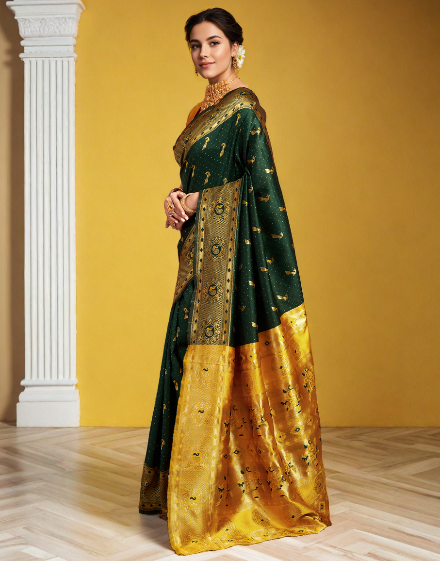 Beatiful Green Color Silk Weaving Work Paithani Saree