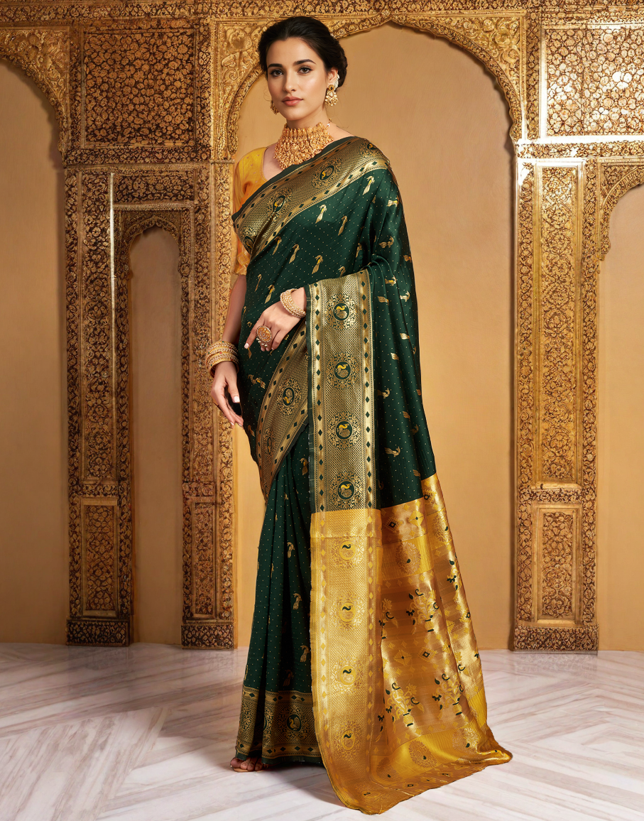 Beatiful Green Color Silk Weaving Work Paithani Saree