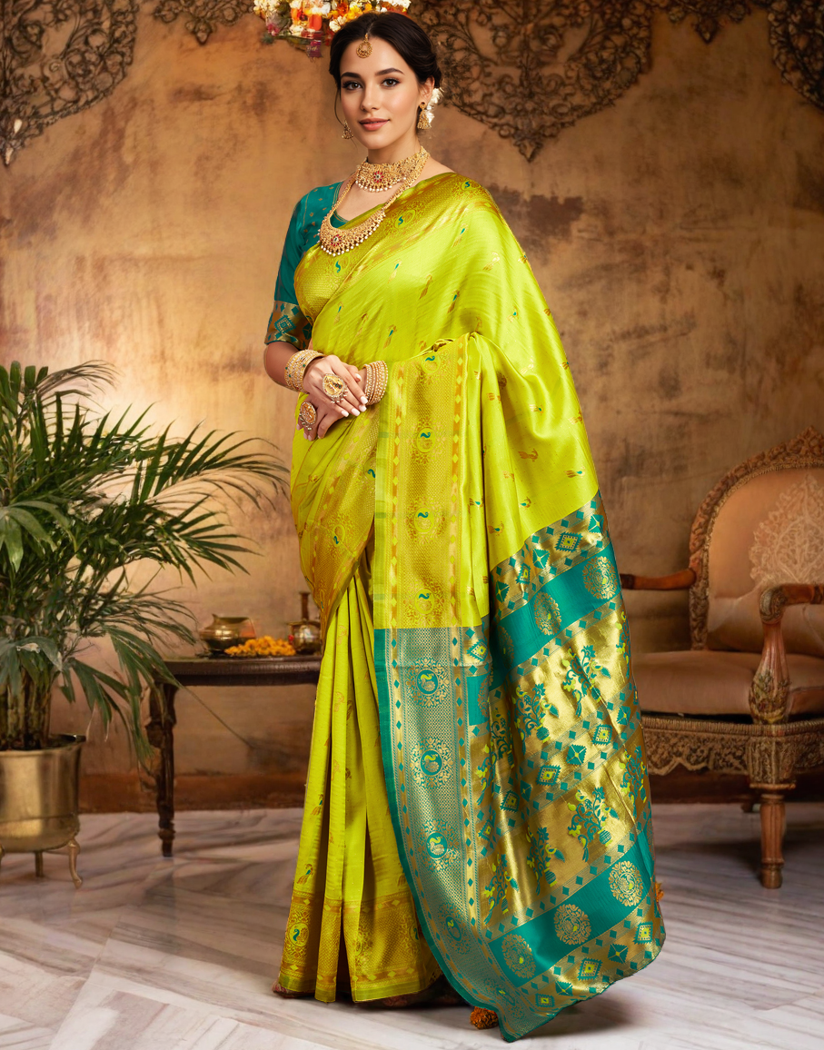 Beatiful Lime Green Color Silk Weaving Work Paithani Saree