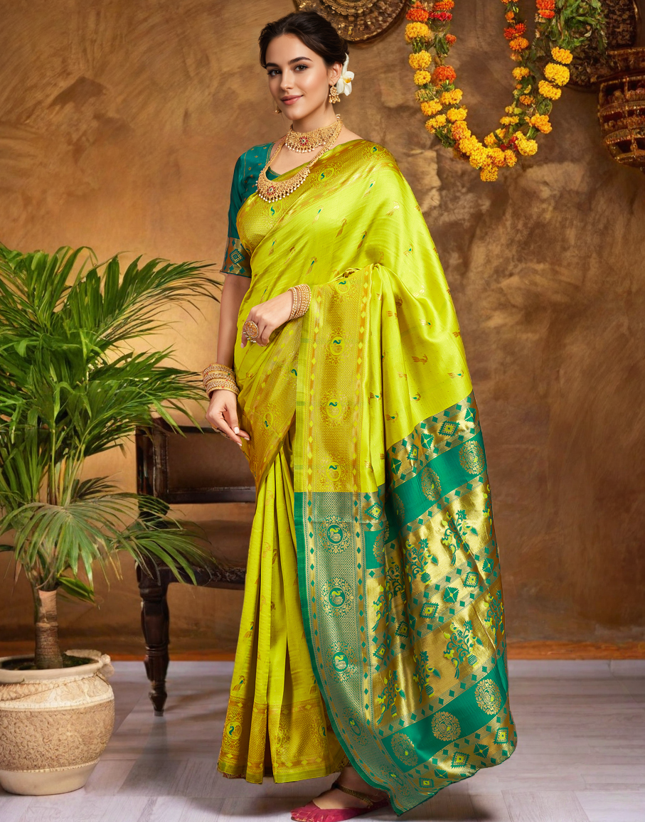 Beatiful Lime Green Color Silk Weaving Work Paithani Saree