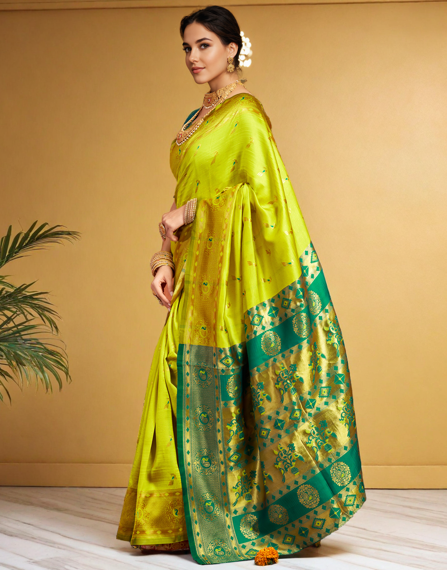 Beatiful Lime Green Color Silk Weaving Work Paithani Saree