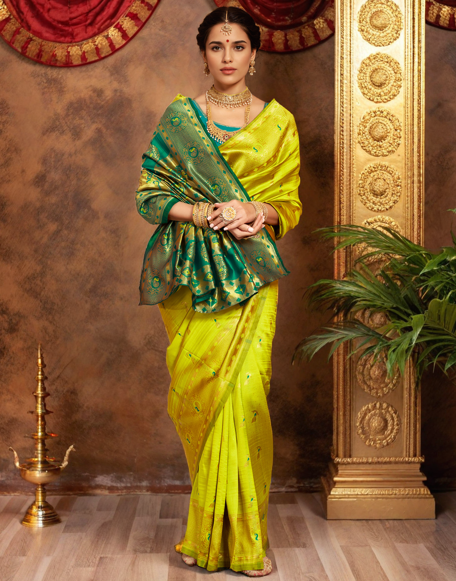 Beatiful Lime Green Color Silk Weaving Work Paithani Saree