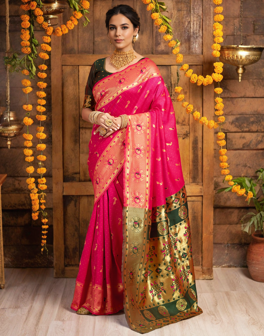 Beatiful Pink Color Silk Weaving Work Paithani Saree