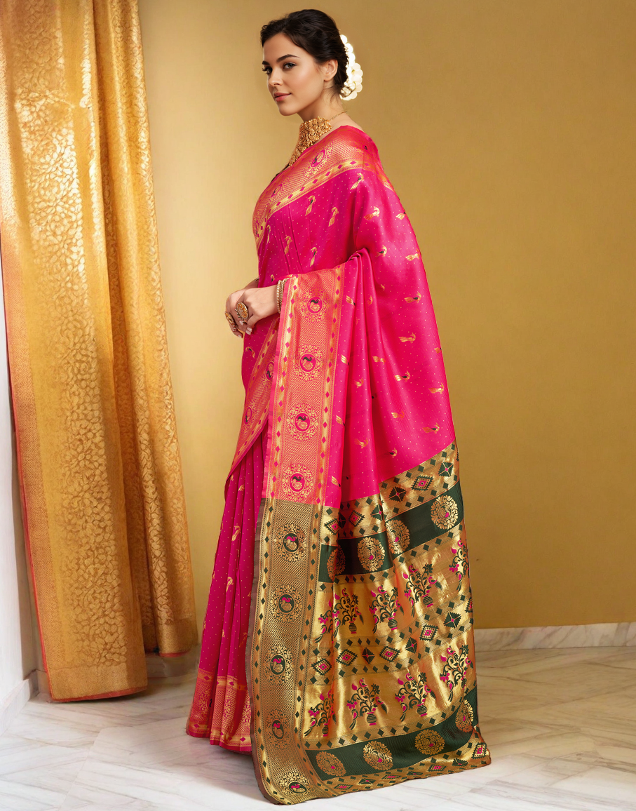 Beatiful Pink Color Silk Weaving Work Paithani Saree