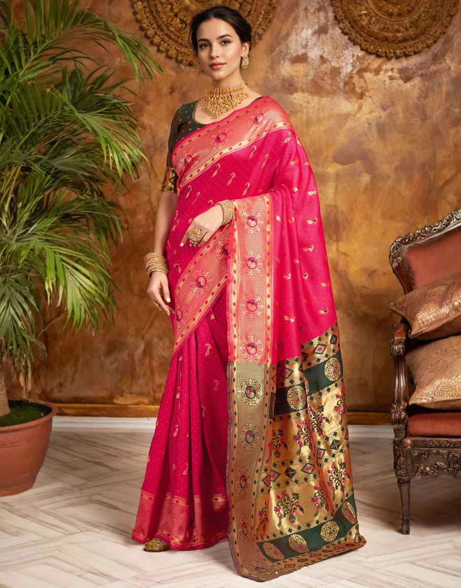 Beatiful Pink Color Silk Weaving Work Paithani Saree