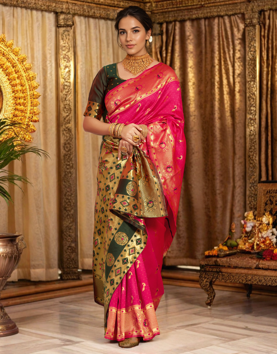 Beatiful Pink Color Silk Weaving Work Paithani Saree
