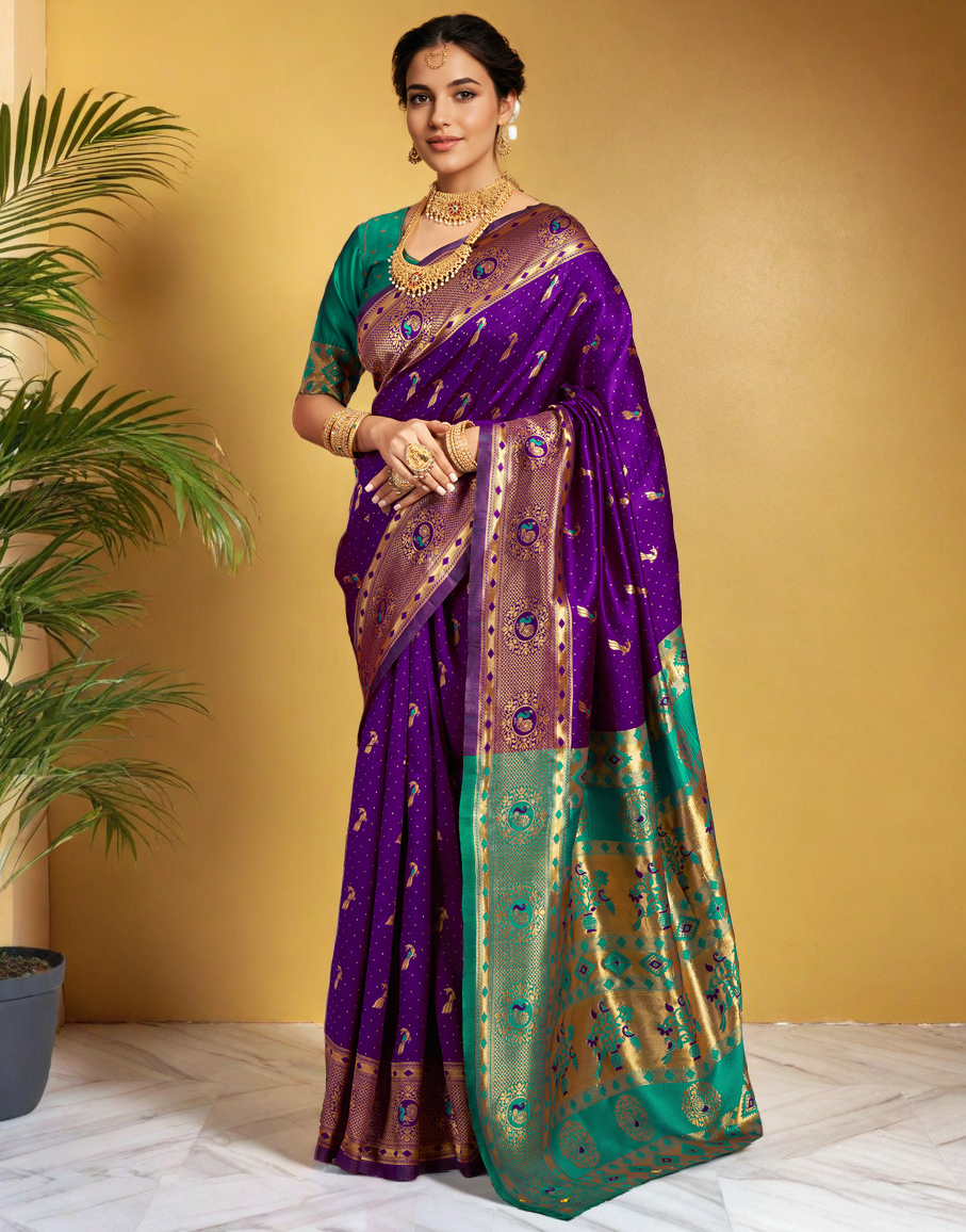 Beatiful Purple Color Silk Weaving Work Paithani Saree