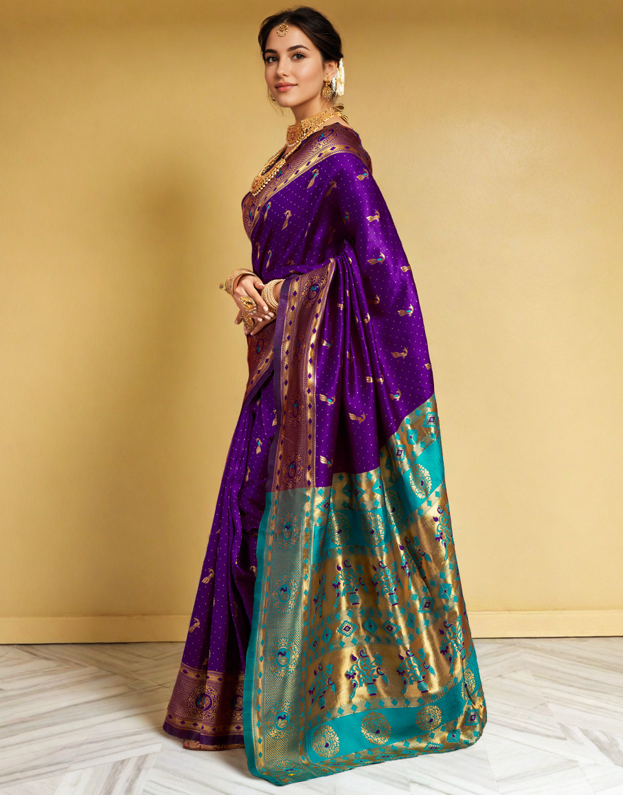 Beatiful Purple Color Silk Weaving Work Paithani Saree