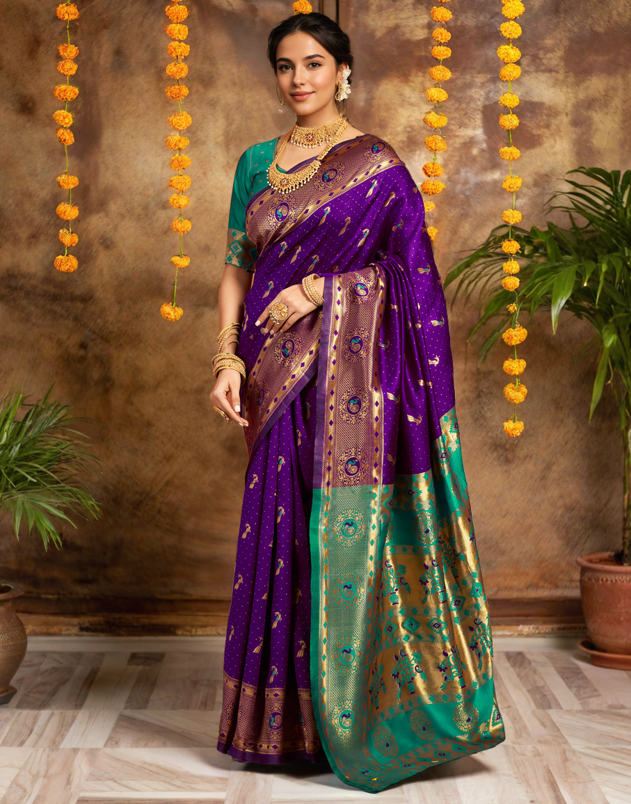 Beatiful Purple Color Silk Weaving Work Paithani Saree