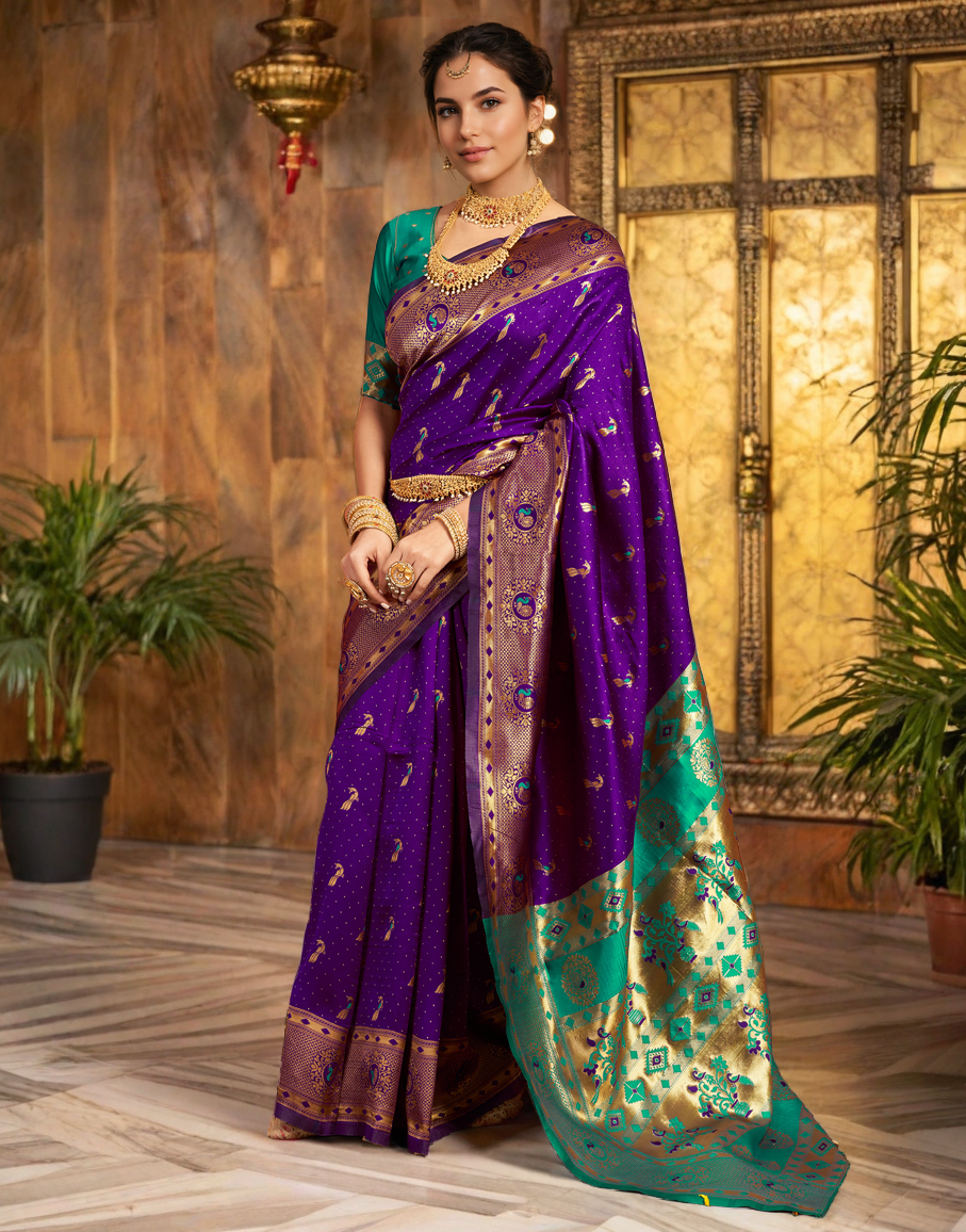 Beatiful Purple Color Silk Weaving Work Paithani Saree