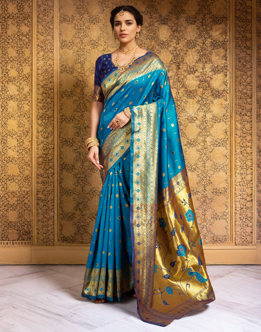 Aqua Color Silk Weaving Work Paithani Traditional Saree