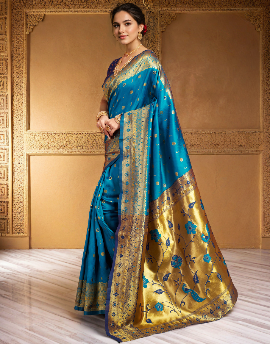 Aqua Color Silk Weaving Work Paithani Traditional Saree