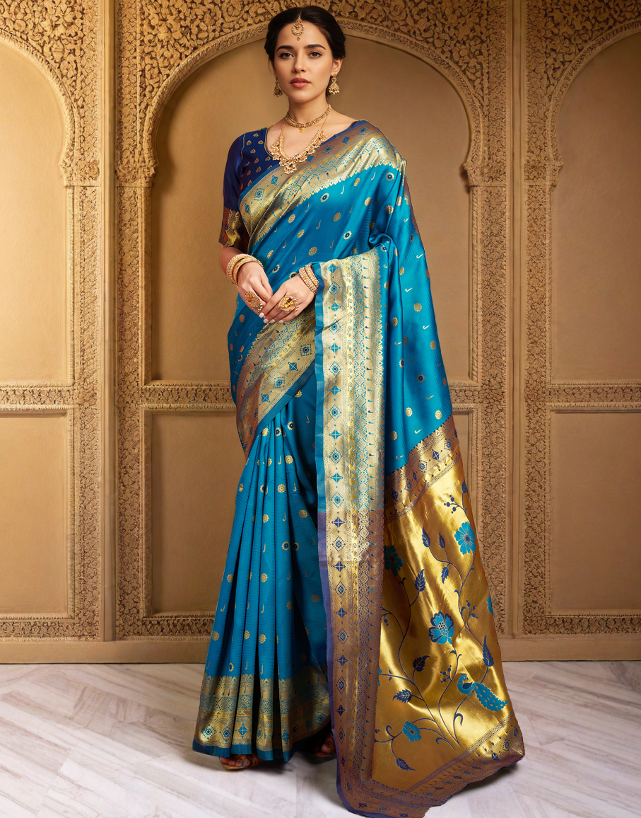 Aqua Color Silk Weaving Work Paithani Traditional Saree