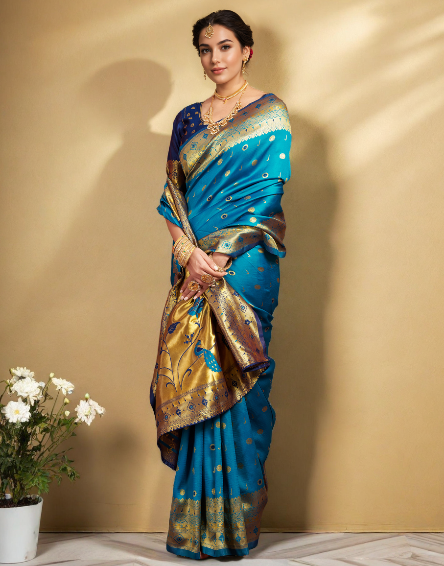 Aqua Color Silk Weaving Work Paithani Traditional Saree