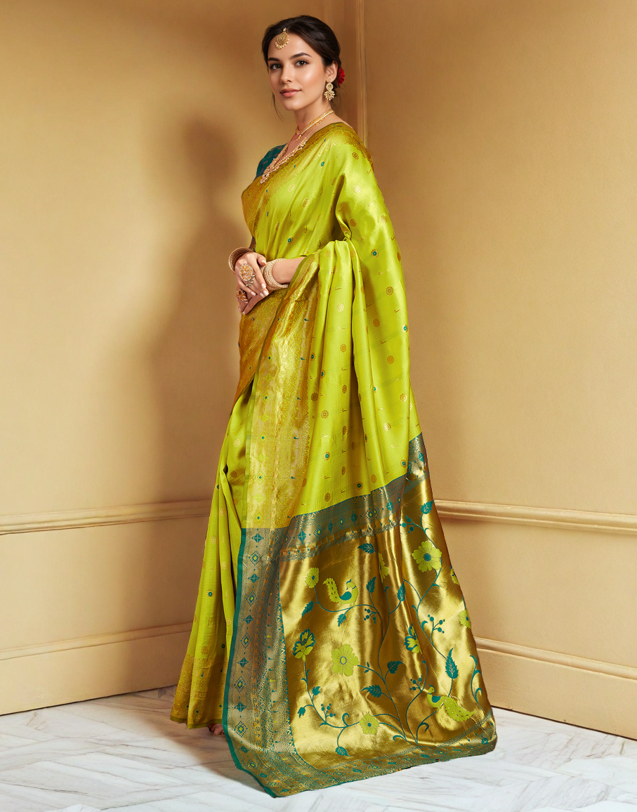 Lime Green Color Silk Weaving Work Paithani Traditional Saree