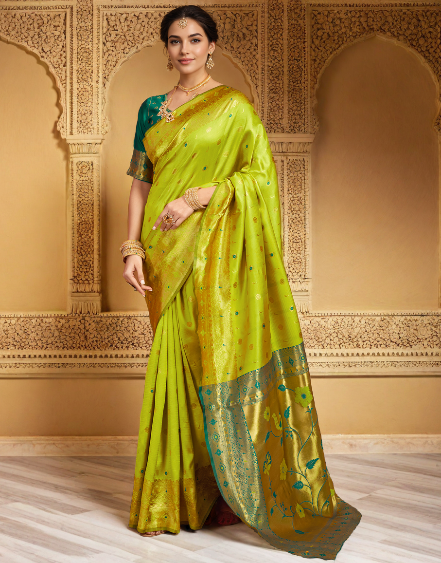 Lime Green Color Silk Weaving Work Paithani Traditional Saree