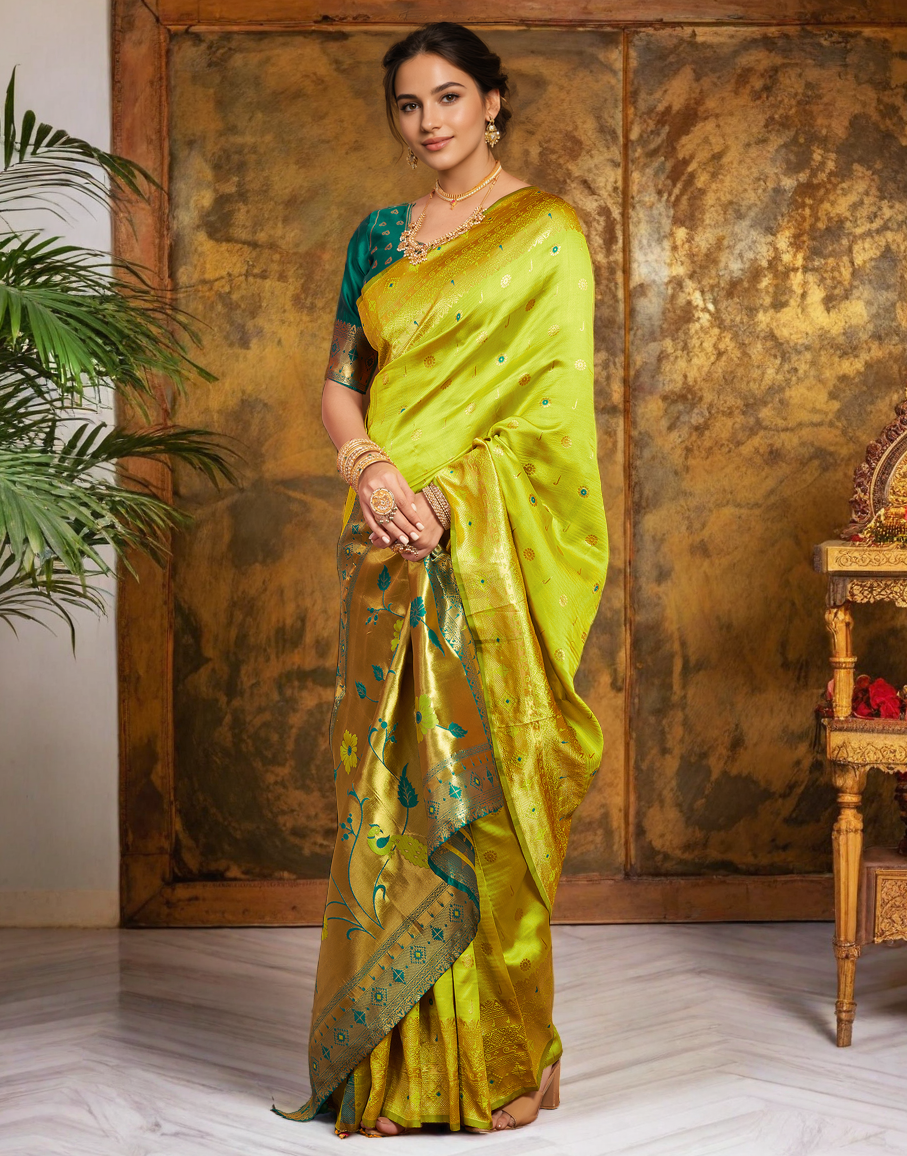Lime Green Color Silk Weaving Work Paithani Traditional Saree