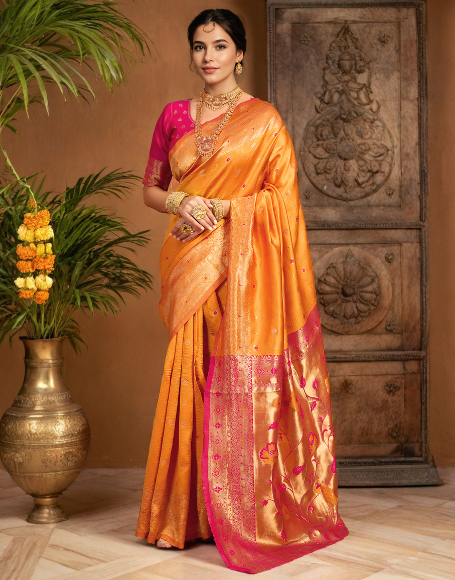 Orange Color Silk Weaving Work Paithani Traditional Saree