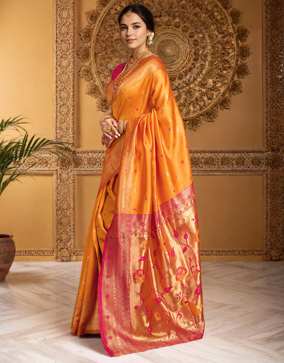 Orange Color Silk Weaving Work Paithani Traditional Saree