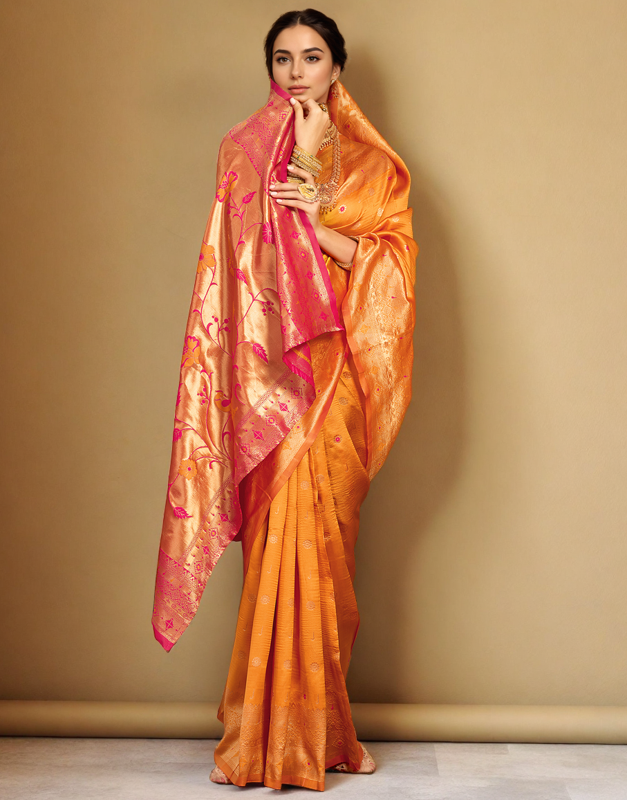 Orange Color Silk Weaving Work Paithani Traditional Saree
