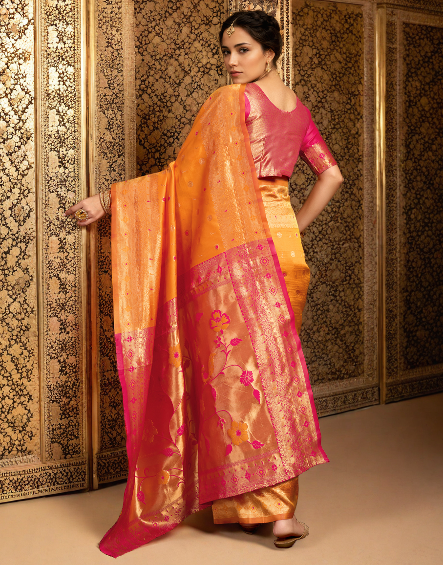 Orange Color Silk Weaving Work Paithani Traditional Saree