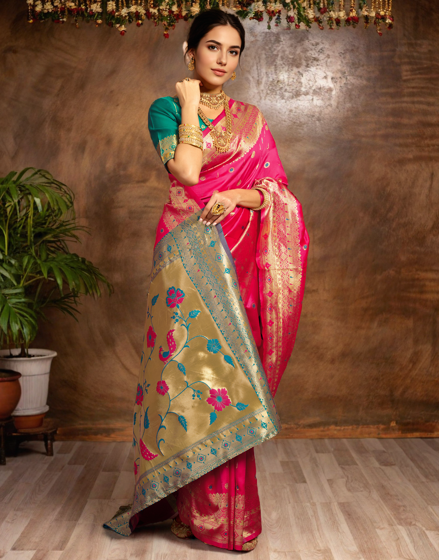Pink Color Silk Weaving Work Paithani Traditional Saree