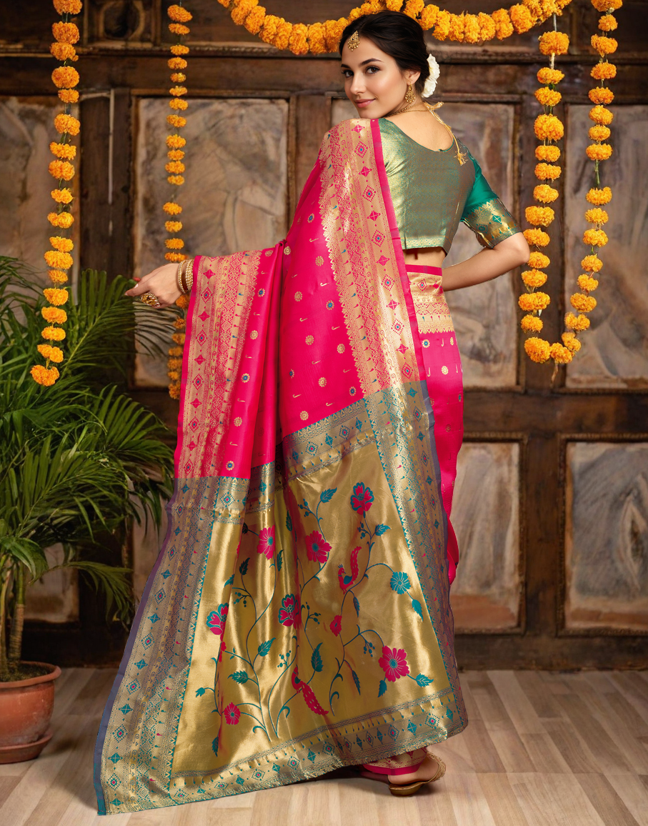 Pink Color Silk Weaving Work Paithani Traditional Saree