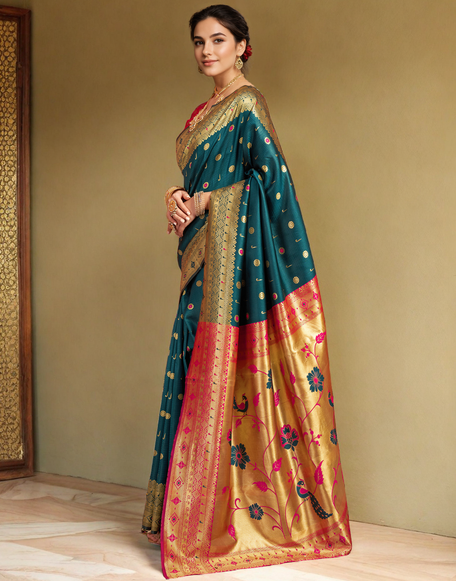 Teal Color Silk Weaving Work Paithani Traditional Saree
