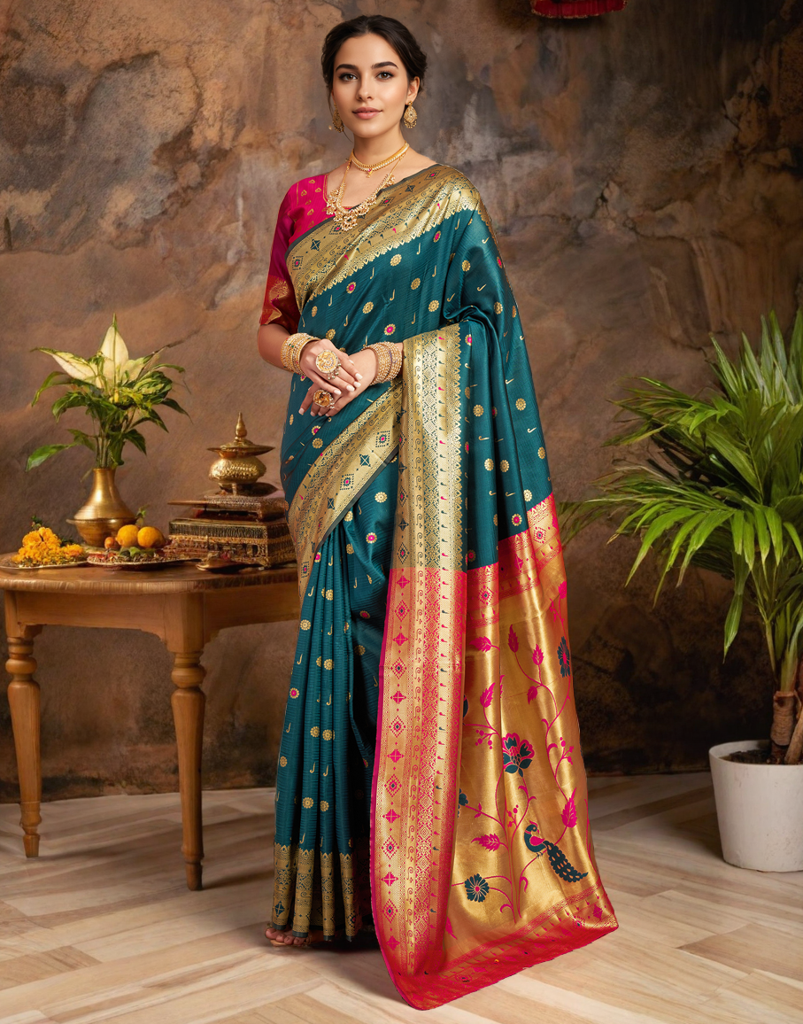 Teal Color Silk Weaving Work Paithani Traditional Saree