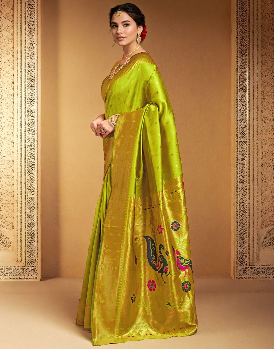 Silk Paithani Traditional Saree with Intricate Weaving Work (Lime Green)