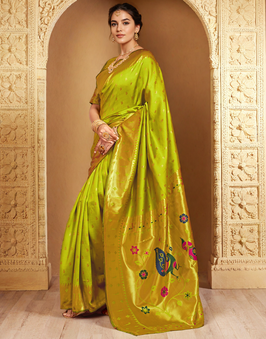 Silk Paithani Traditional Saree with Intricate Weaving Work (Lime Green)