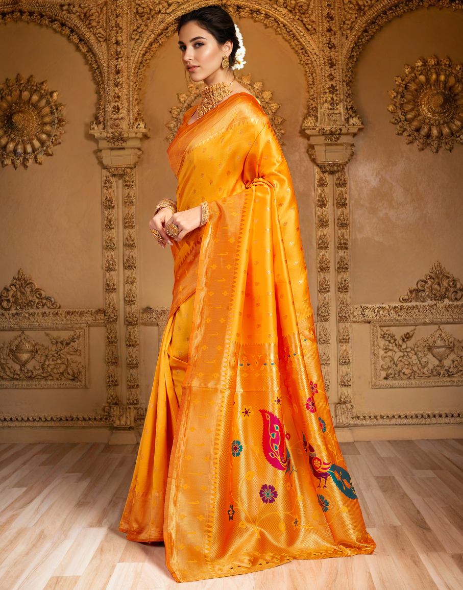 Silk Paithani Traditional Saree with Intricate Weaving Work (Orange)