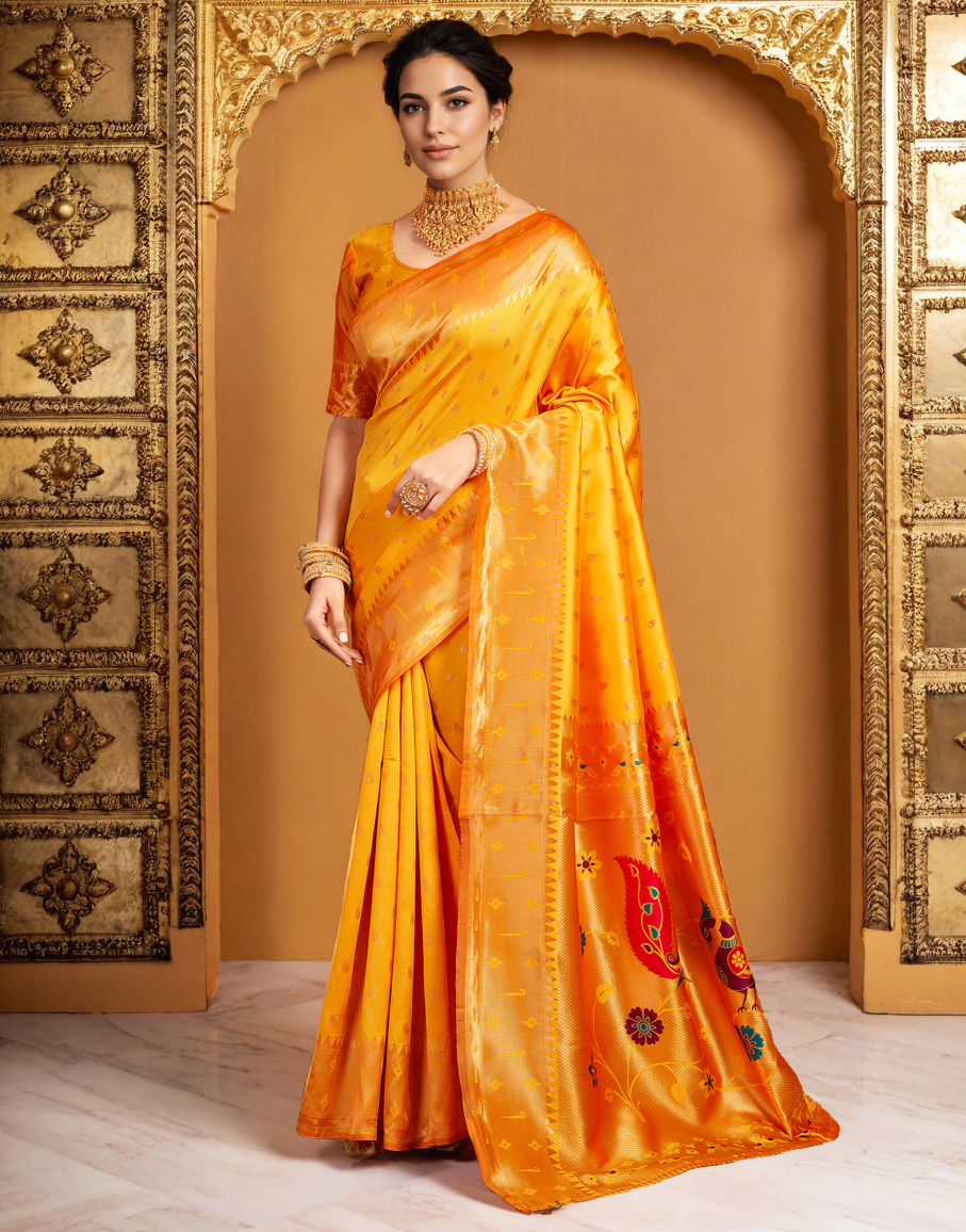 Silk Paithani Traditional Saree with Intricate Weaving Work (Orange)