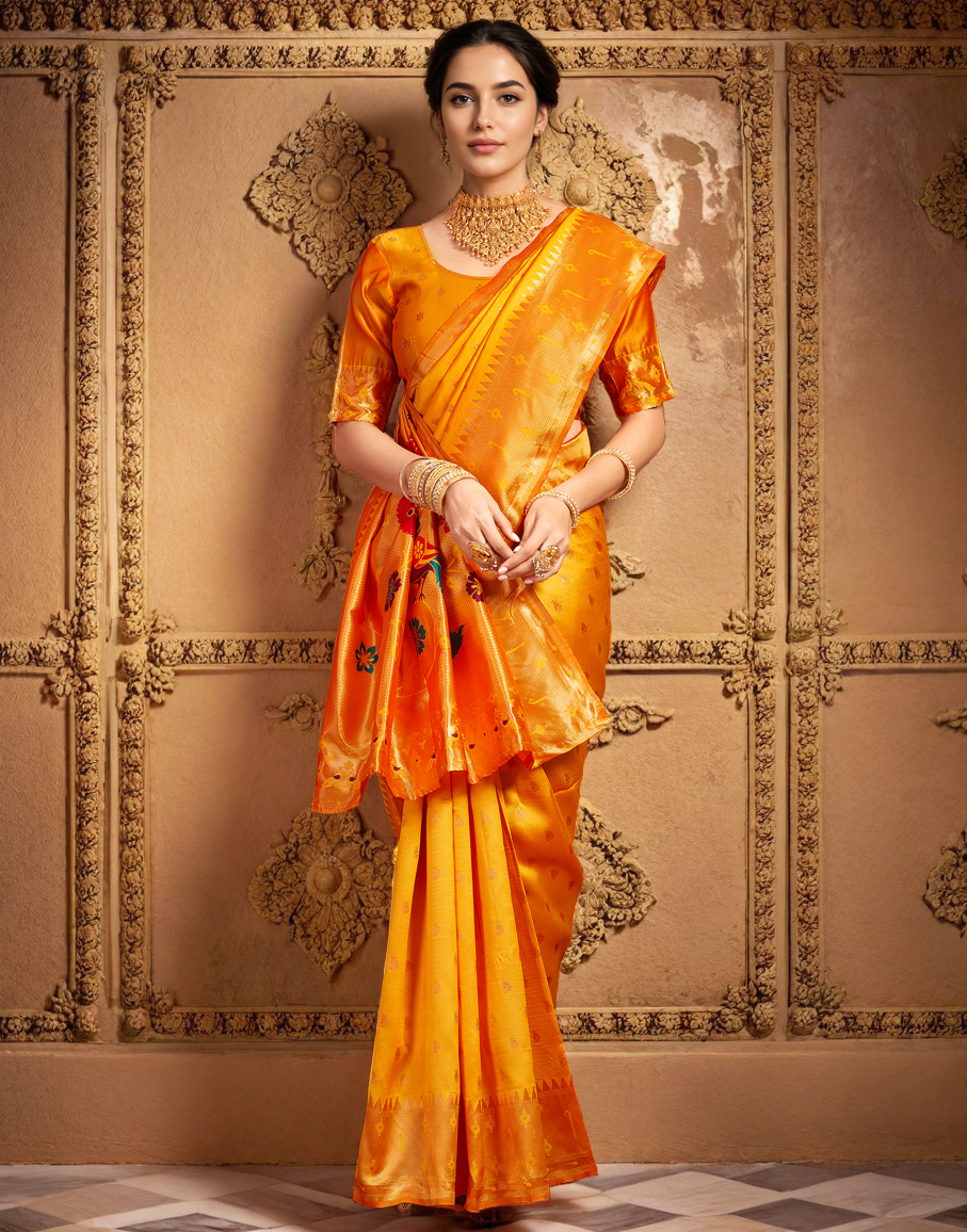 Silk Paithani Traditional Saree with Intricate Weaving Work (Orange)