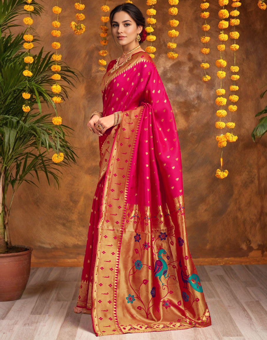 Silk Paithani Traditional Saree with Intricate Weaving Work (Pink)